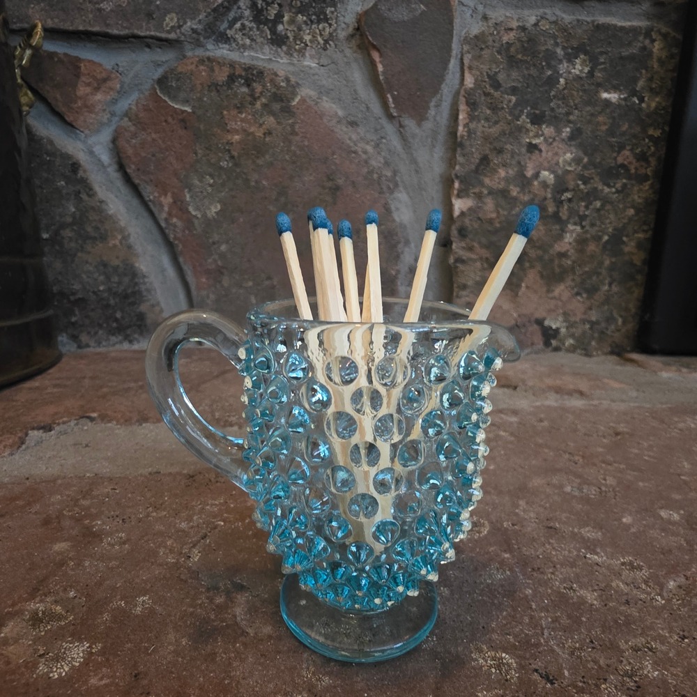 Vintage Aqua Blue Hobnail Glass Creamer Pitcher Small Footed Jug Mid Century